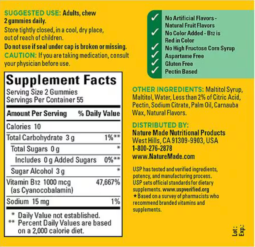 Nature Made Zero Sugar Energy Vitamin B12 Gummies Brain Support Raspberry, 110.0 ea
